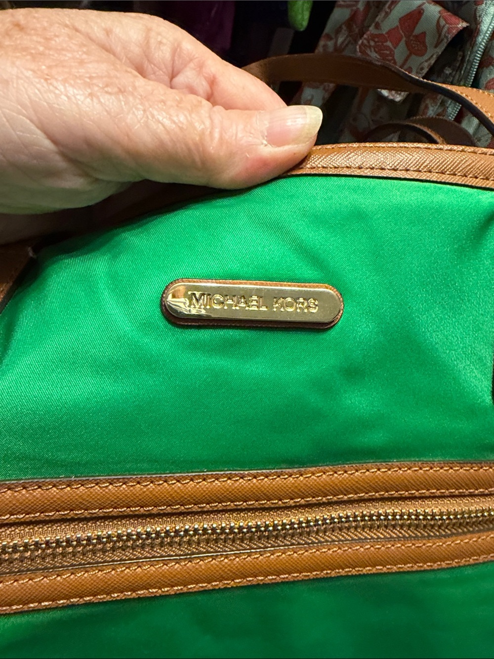 MICHAEL Michael Kors Bright Green Nylon Tote with Brown Leather Trim - Picture 3 of 6